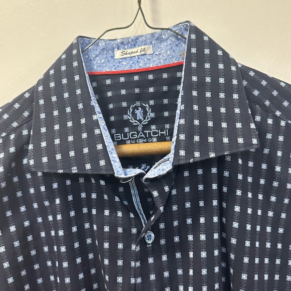 Bugatchi Shaped Fit Large Long Sleeve Shirt - Blue Squares Pattern - Picture 4 of 9